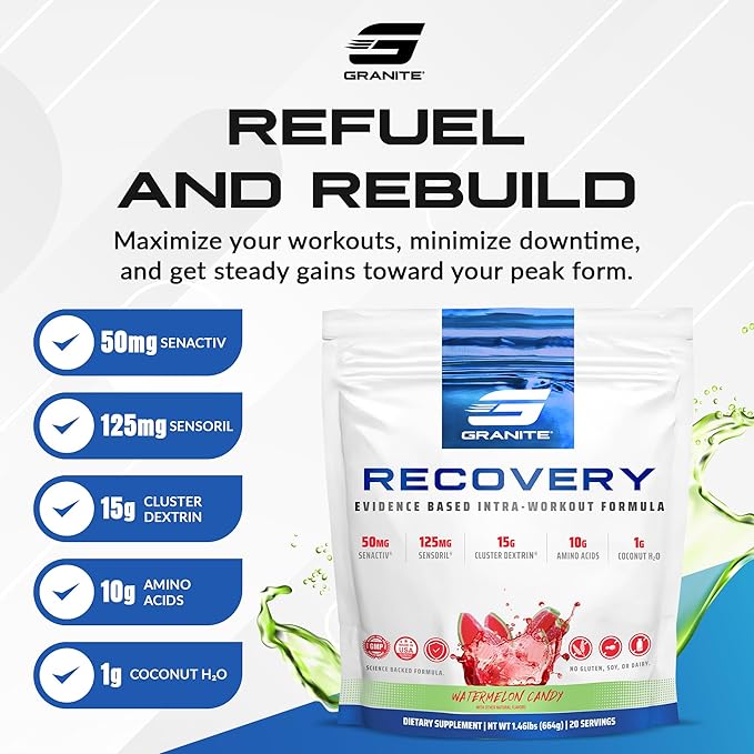 Granite Nutrition Recovery - Premium Intra-Workout Drink with EAAs, Cluster Dextrin, Sensoril & Senactiv for Athletic Performance and Lean Muscle Gains - Watermelon Candy (20 Servings)