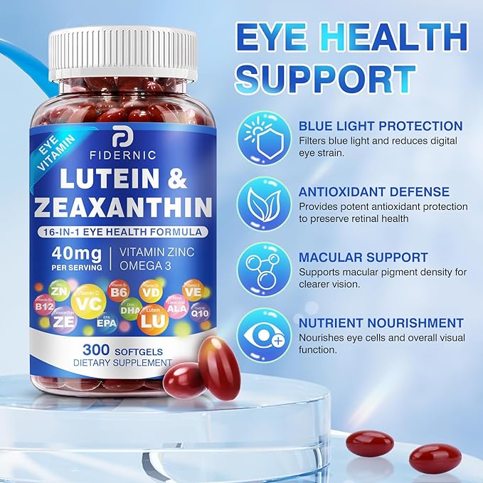 Lutein and Zeaxanthin Supplement - Eye Vitamins, 40 mg Lutein & 8 mg Zeaxanthin with Vitamins C, E, Zinc, Omega-3 & CoQ10 for Blue Light Protection, Eye Health Support, Eyebright - 300 Softgels
