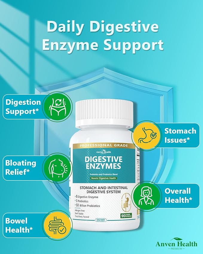 800mg Digestive Enzymes for Men and Women with Probiotics & Organic Prebiotics, 8 Key Enzymes, Protease, Amylase & Lipase for Bloating, Gas Relief, Non-GMO | 90 Capsules