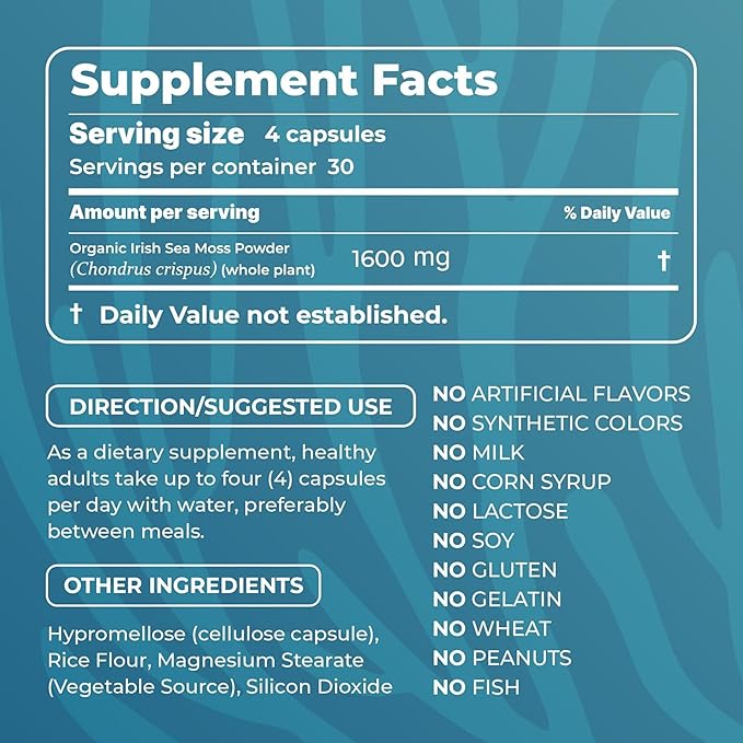 Irish Sea Moss Capsules - 120 Original Capsules (1600mg) - Prebiotic Superfood - Boosts The Immune & Digestive System - Healthy Skin, Keto Detox, Gut, Joint Support