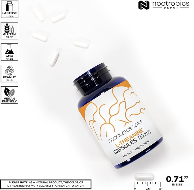Nootropics Depot L-Theanine Capsules 200mg (90 Count) | Promotes Relaxation | Supports Healthy Stress Levels + Sleep Cycles | Promotes Cognitive Function + Focus | Amino Acid Supplement