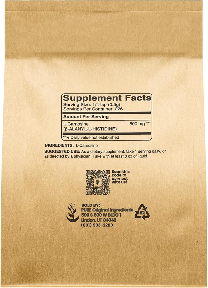 PURE ORIGINAL INGREDIENTS L-Carnosine Powder (4 oz), Dietary Supplement, Lab-Verified, No Additives or Fillers