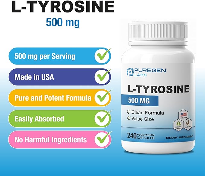 Puregen Labs L-Tyrosine 500 mg, 240 Vegetable Capsules | No Harmful Additives | Brain & Nervous System Support, Non-GMO, Vegan, Gluten Free, Dairy Free - 240 Servings - Made in USA