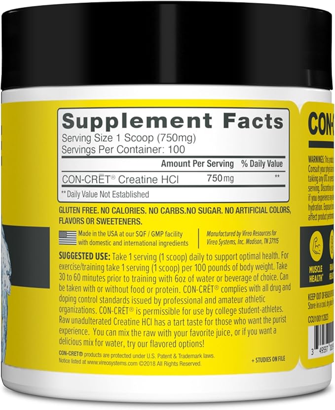 CON-CRET Creatine HCl Powder | Muscle, Cognitive, Cellular Energy Support | No Bloating or Cramps | USA Made & NSF Certified | Unflavored (100 Serving)