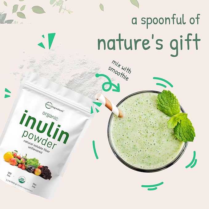 Micro Ingredients Organic Inulin FOS Fiber Powder, 2.2 lb | Quick Water-Soluble Prebiotic for Intestinal & Colon Health | Natural Fiber for Smoothies & Drinks | Vegan Friendly
