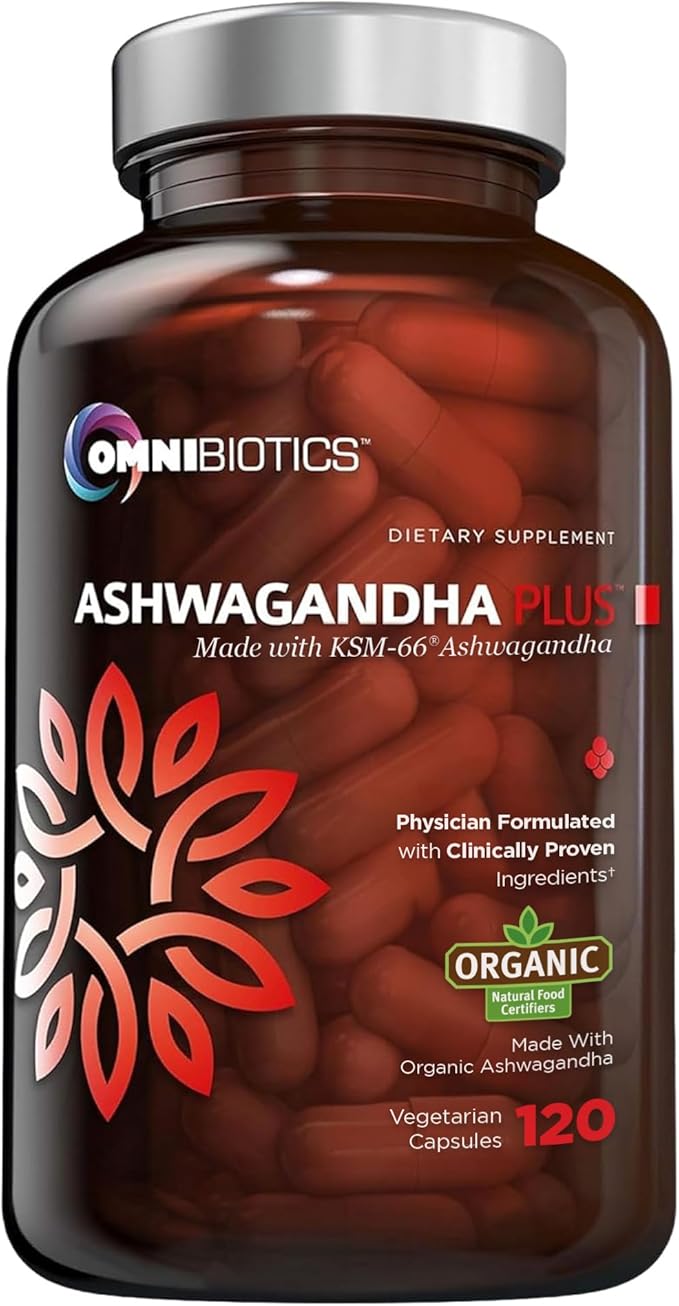 OmniBiotics Organic Ashwagandha Supplement β 1300mg Total Strength β 900mg Organic Root Powder & 400mg KSM-66 Extract β Stress Relief, Mood & Sleep Support β Non-GMO β 120 Vegan Capsules