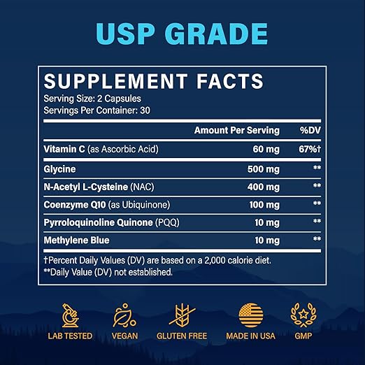 Methylene Blue Pharmaceutical Grade Capsules – USP Grade Brain Supplement with CoQ10, NAC, PQQ, Glycine & Vitamin C for Memory, Focus, Energy & Mitochondrial, No Formaldehyde - 120 Count