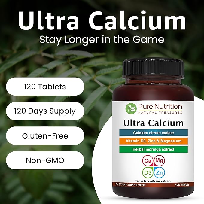 Pure Nutrition Ultra Calcium 1000mg with VIT D3 + K2 | 240 Tabs (120 X Pack of 2) | Highly absorbable Calcium Supplement with Calcium Citrate Malate, VIT D3, K2, Moringa Oleifera, Magnesium and Zinc.
