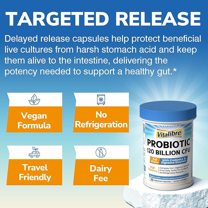Probiotics for Women and Men, 120 Billion CFU 34 Strains, with Digestive Enzymes & Prebiotics, No Gluten, Gut Health, Digestive Health, Bloat Relief, 30 Vegetarian Capsules