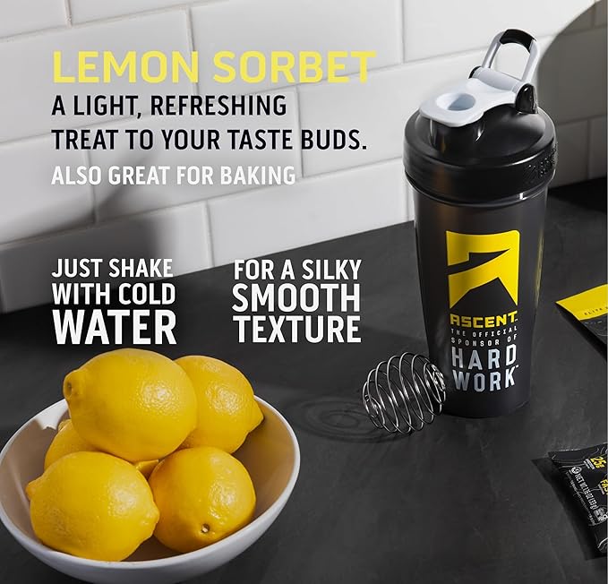 Ascent 100% Whey Protein Powder - Post Workout Whey Protein Isolate, Zero Artificial Flavors & Sweeteners, Gluten Free, 5.5g BCAA, 2.6g Leucine, Lemon Sorbet 1.7 lb