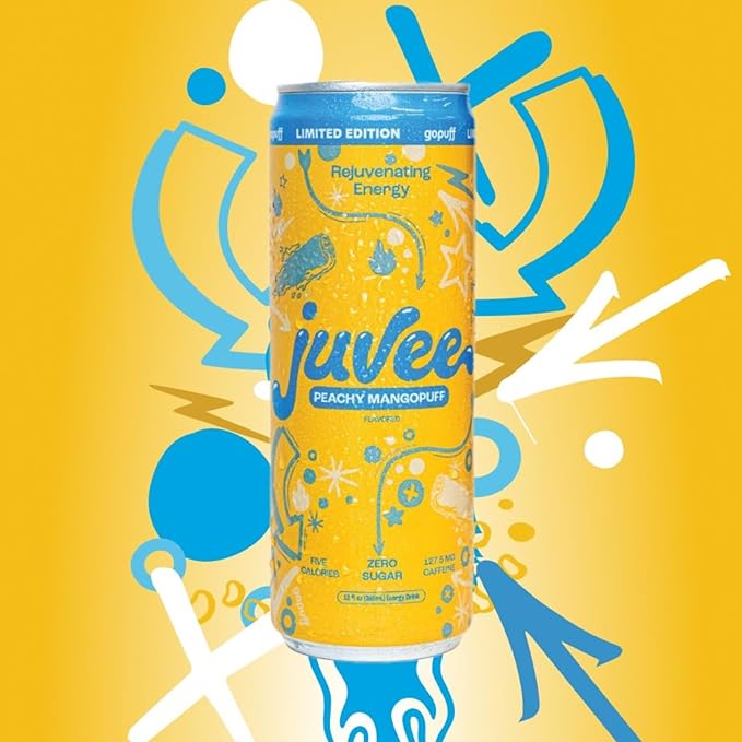 Juvee Rejuvenating Energy Drink. Sugar Free Energy Drinks. Taurine, Vitamin B12, Vitamin B6. 128 Mg Of Caffeine. L-Theanine For Mood Support. Panax Ginseng For Focus. Vitamin C For Immune Support. Gluten Free 12 oz - 12 Pack - Peachy Mangopuff