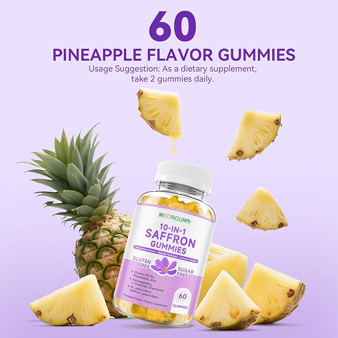 Saffron Gummies for Adult Kids, 10-IN-1 Regulate Cortisol Supplement with Saffron 88.5mg, Vitamin D3, B6, Magnesium, Zinc, Ashwagandha, L-Theanine, St. John's Wort, For Emotions, Slumber, 120 Count