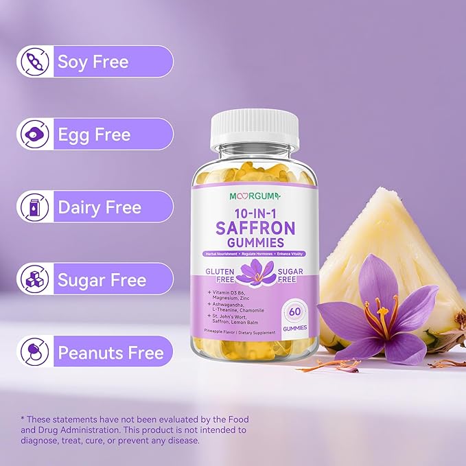 Saffron Gummies for Adult Kids, 10-IN-1 Regulate Cortisol Supplement with Saffron 88.5mg, Vitamin D3, B6, Magnesium, Zinc, Ashwagandha, L-Theanine, St. John's Wort, For Emotions, Slumber, 120 Count