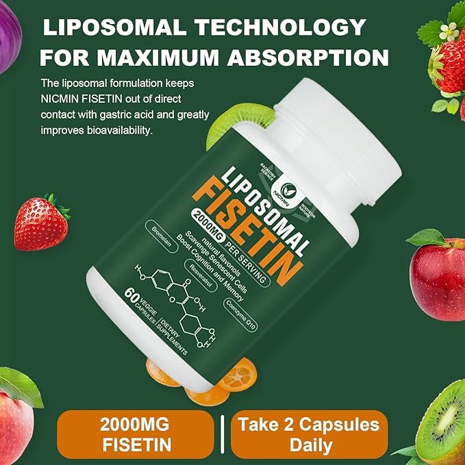 Liposomal Fisetin Supplement, 2000MG, 98% Pure Fisetin Polyphenols Antioxidants, with Quercetin, TMG and Resveratrol, for Healthy Aging, Cognitive Support, 60 Capsules