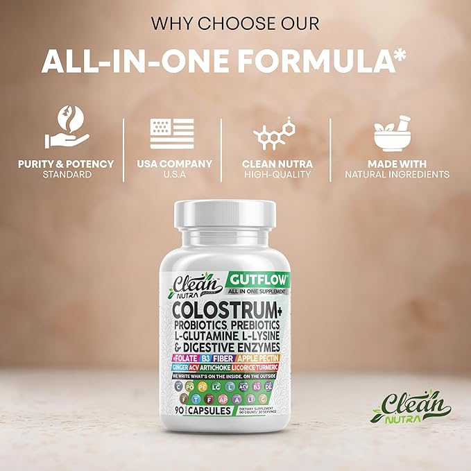 Clean Nutraceuticals Colostrum Supplement Capsules Probiotics Pills Prebiotics, L-Glutamine, Digestive Enzymes, Folate, Fiber, ACV, Turmeric, Apple Pectin and Turmeric Pills