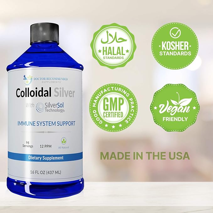Colloidal Silver Liquid - 12 PPM Premium Silver Solution, 60 MCG Per Serving, All Natural, Vegan Immune System Support, Ionic Silver Water Daily Mineral Supplement (2-16 Fl oz Bottles)