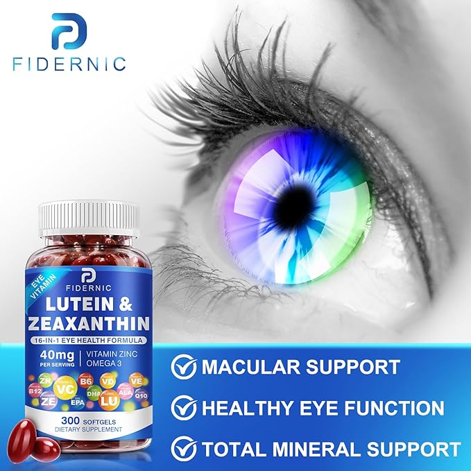 Lutein and Zeaxanthin Supplement - Eye Vitamins, 40 mg Lutein & 8 mg Zeaxanthin with Vitamins C, E, Zinc, Omega-3 & CoQ10 for Blue Light Protection, Eye Health Support, Eyebright - 300 Softgels