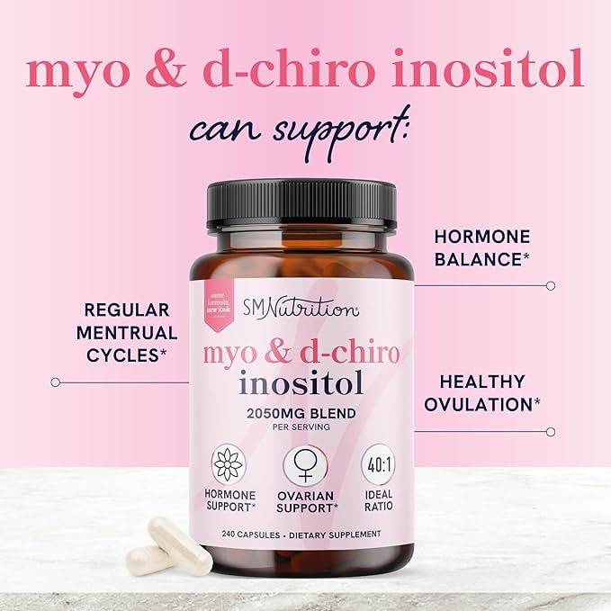 Myo-Inositol & D-Chiro Inositol for Hormone Balance for Women | Ideal 40:1 Ratio | Menstrual Cycle and Ovarian Health Support Supplement | Myo 2000mg & D Chiro 50mg with Vitamin B8 | 240 Count