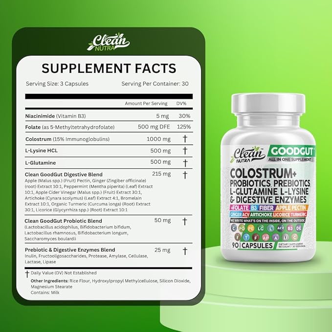 Clean Nutraceuticals Colostrum Supplement Capsules Probiotics Pills Prebiotics, L-Glutamine, Digestive Enzymes, Folate, Fiber, ACV, Turmeric, Apple Pectin and Turmeric Pills