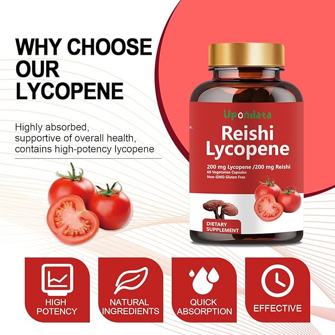 Lycopene Capsules, Natural Lycopene 200mg with Organic Reishi Mushroom 200mg Supplement for Prostate Health and Immune Support - Gluten-Free, Non-GMO, 60 Capsules (2 Pack)