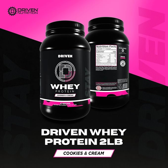 Driven WHEY- Whey Protein Powder: Delicious, Clean Protein Shake- Improve Muscle Recovery with 23 Grams of Protein with Added BCAA and Digestive Enzymes (2lb, Cookies & Cream)