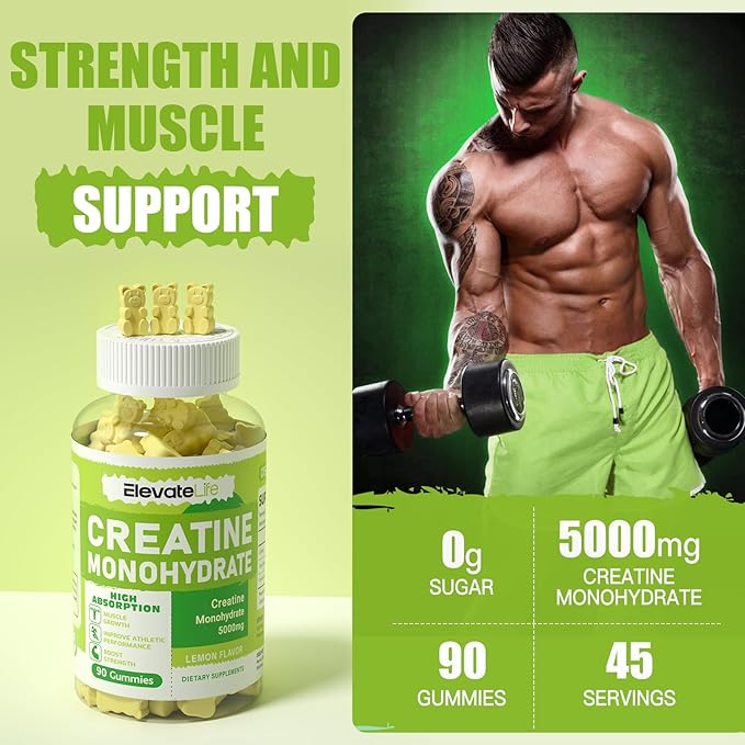 ElevateLife Creatine Monohydrate Gummies 5g for Men Women - Sugar Free Chewable Supplement. 180 Gummies Lemon