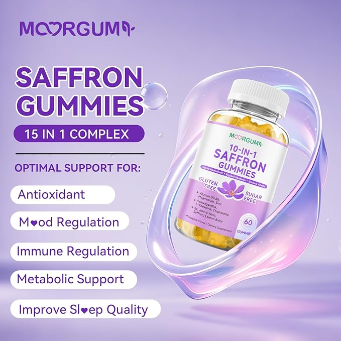 Saffron Gummies for Adult Kids, 10-IN-1 Regulate Cortisol Supplement with Saffron 88.5mg, Vitamin D3, B6, Magnesium, Zinc, Ashwagandha, L-Theanine, St. John's Wort, For Emotions, Slumber, 120 Count