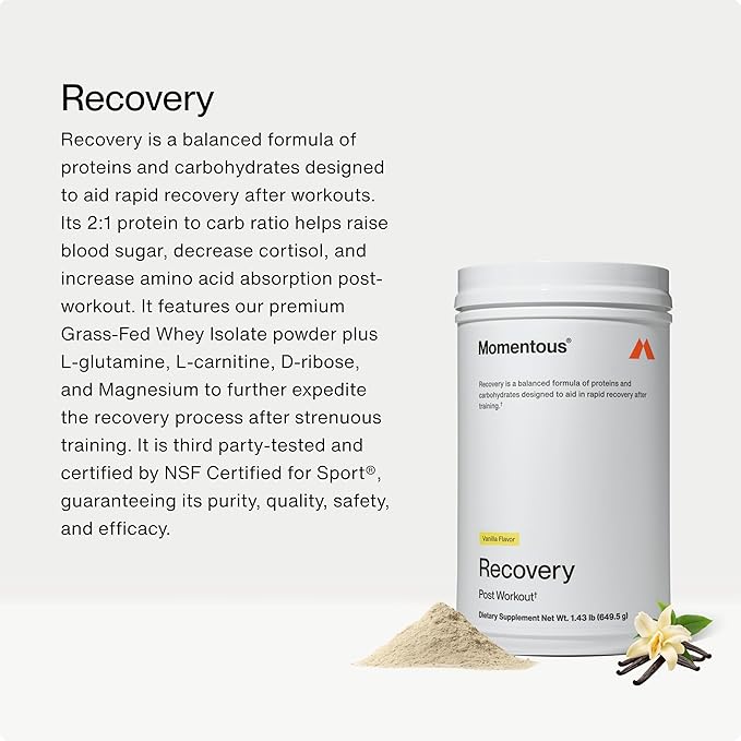 Momentous Recovery Grass-Fed Whey Protein Powder - 20 g Post-Workout Whey Isolate Protein - NSF Certified for Sport - Gluten-Free - 15 Servings - Vanilla - Package May Vary