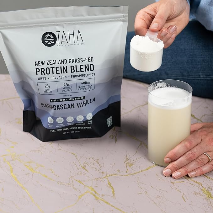 Taha Health & Nutrition Mind + Body Protein Blend – Madagascan Vanilla | 25g Protein from Whey & Collagen + 400mg Milk Phospholipids | Grass-Fed, Free-Range New Zealand Dairy | 2LB