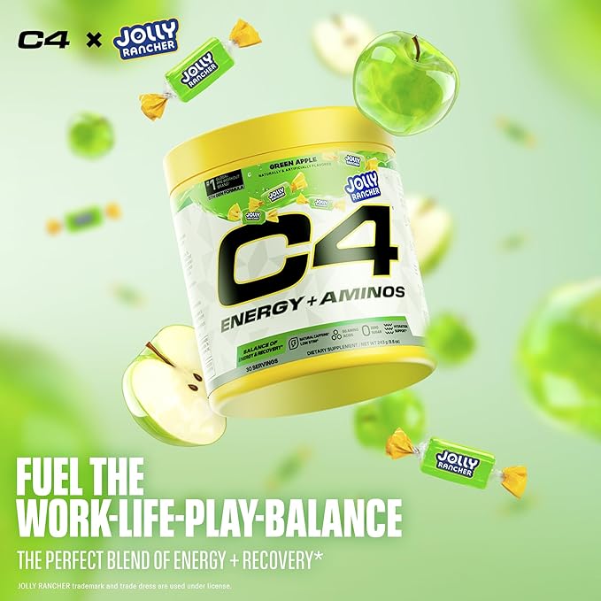 Cellucor C4 Energy + Aminos Powder | Jolly Rancher Green Apple | 5g BCAAs & EAAs for Muscle Recovery, 3 Electrolytes for Hydration, 100mg Natural Caffeine | Pre Workout | Zero Sugar, 30 Servings