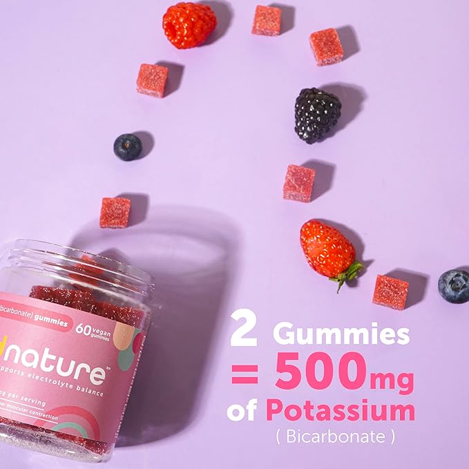 KINDNATURE High Potassium Supplement Gummies 500mg - Chewable for Adults & Kids - Pure Potassium Bicarbonate Mineral Supplement - Vegan, Gluten Free, Non GMO - 60 Gummies (30 Day Supply)