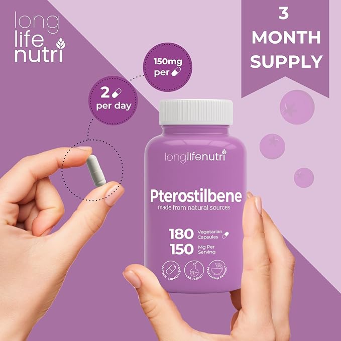 Pterostilbene Supplement 150mg, Elevate Cellular Energy, 180 Vegan Capsules, 3 Month Supply, Pure Organic Pterostilbene Extract, Made in USA, Non GMO, Clean Label, Easy Swallow Antioxidant Support