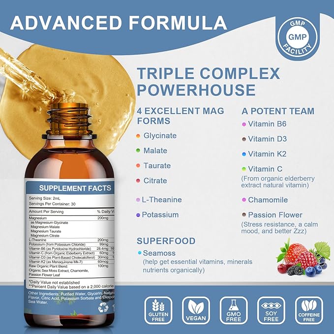 Magnesium Glycinate Liquid Drop - Triple Absorption Supplement to Support Nerves, Sleep, Calm, Heart, Muscles * -Sugar-Free with Potassium, L-Theanine, Sea Moss,Vitamin B,C,D3, K2-1Pack