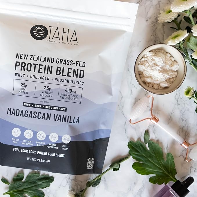Taha Health & Nutrition Mind + Body Protein Blend – Madagascan Vanilla | 25g Protein from Whey & Collagen + 400mg Milk Phospholipids | Grass-Fed, Free-Range New Zealand Dairy | 2LB