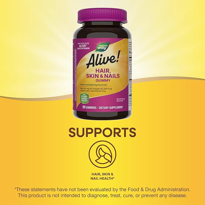 Nature's Way Alive! Hair, Skin & Nails Gummies, Advanced Beauty Formula*, with Biotin and Collagen, Strawberry Flavored, 60 Gummies (Packaging May Vary) (Pack of 2)