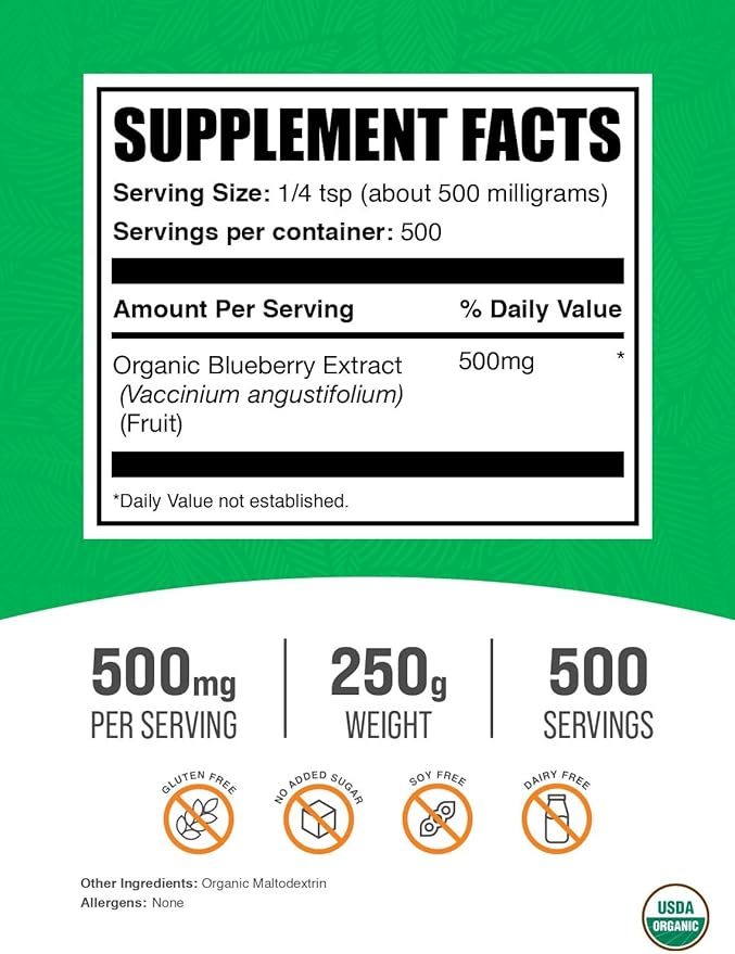 BulkSupplements.com Organic Blueberry Extract Powder - Blueberry Extract Supplement, Antioxidant Support - Vegan & Gluten Free, 500mg per Serving, 250g (8.8 oz) (Pack of 1)