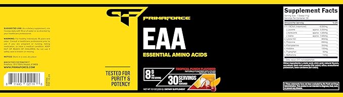 Primaforce EAA Powder (30 Servings, Tropical Punch) - Essential Amino Acids for Pre/Intra Workout and Recovery - Non-GMO and Gluten Free