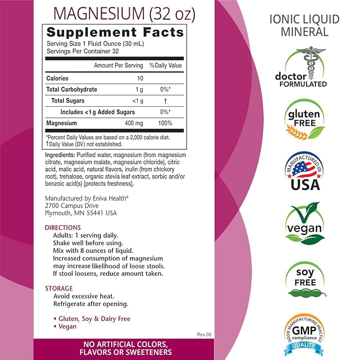 Liquid Ionic Magnesium Supplement (32oz) Digestive Health, Muscle Energy and Bones. Doctor Formulated. Zero Calories. Zero Sugar. by Eniva Health.