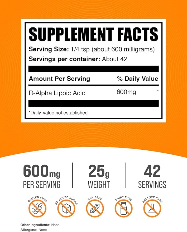 BulkSupplements.com R-Alpha Lipoic Acid Powder - R-ALA Supplement, R Alpha Lipoic Acid 200mg - Antioxidants Supplement, Gluten Free, 200mg per Serving, 25g (0.88 oz) (Pack of 1)