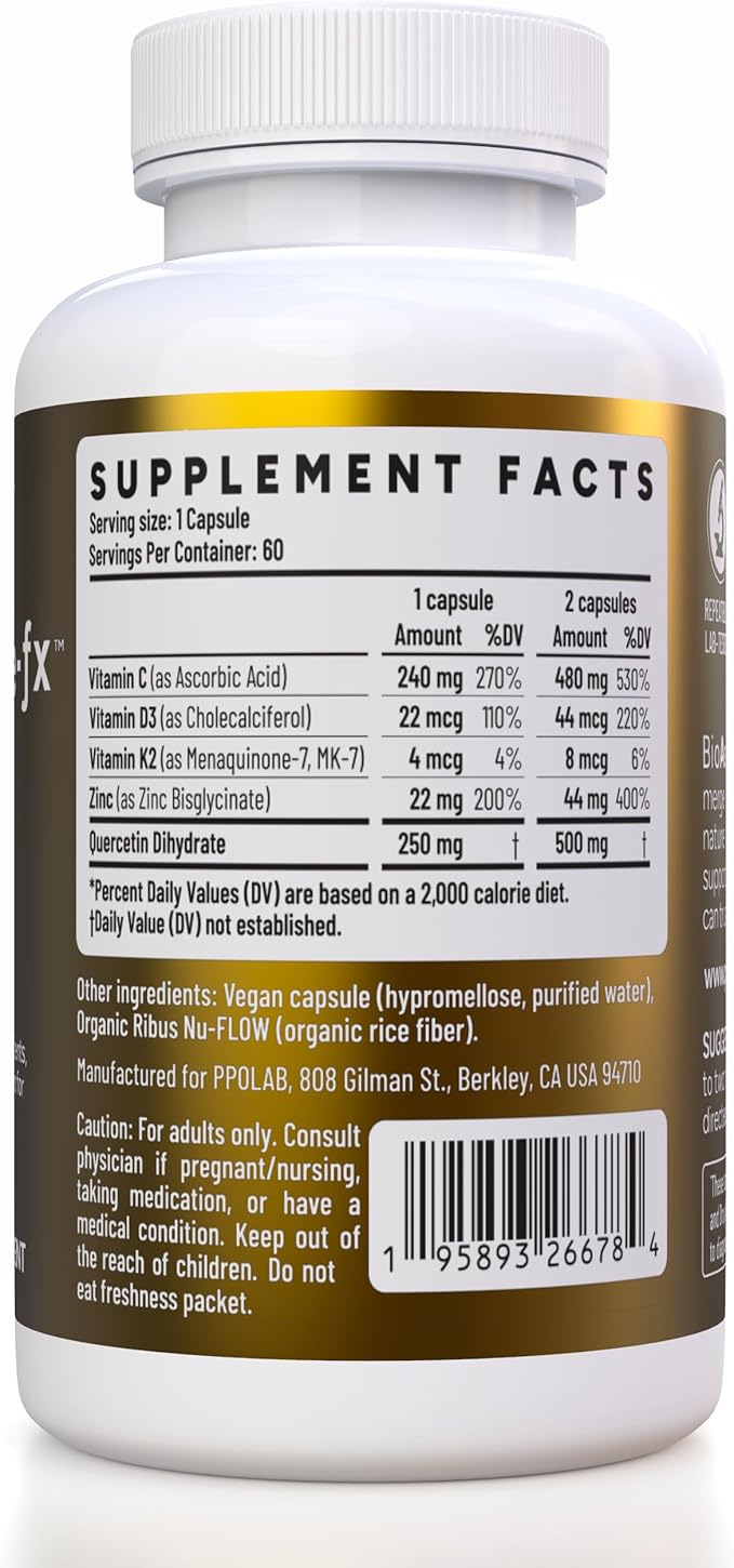 Immune-fxโข Advanced Chelated Zinc Ionophore Immune Support & Allergy Health Supplement, Quercetin 500mg, Antioxidant Vitamin C, D3, K2 MK7, Promotes DNA, Heart, Lung, Sinus Health, 60 Vegan Capsules