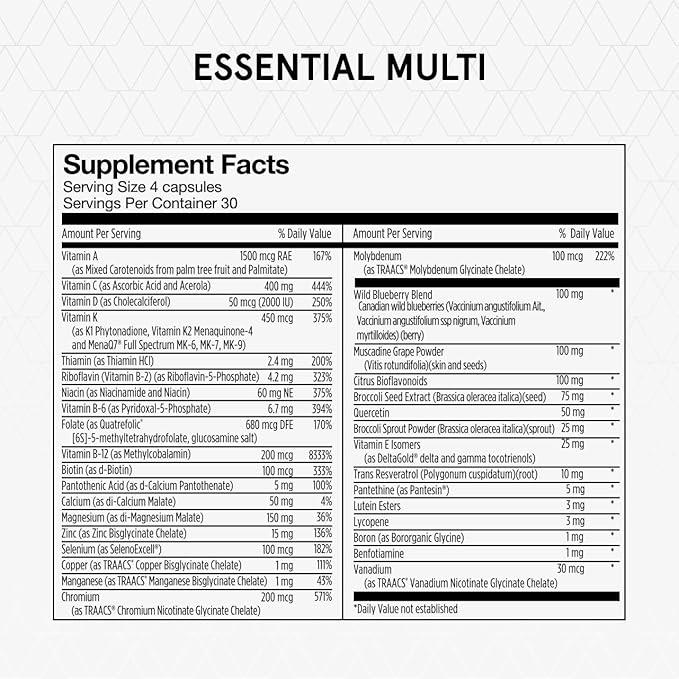 Momentous Essential Multivitamin for Women & Men - Complete Vitamin & Mineral Complex for Athletes & Wellness Enthusiasts - GMO- & Gluten-Free - NSF Certified for Sport - 30 Servings