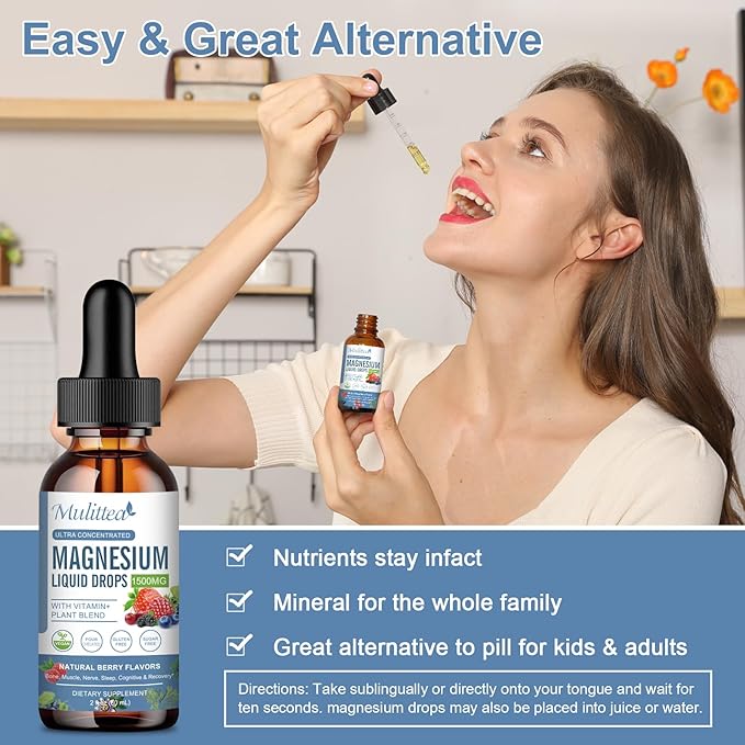 Magnesium Glycinate Liquid Drop - Triple Absorption Supplement to Support Nerves, Sleep, Calm, Heart, Muscles * -Sugar-Free with Potassium, L-Theanine, Sea Moss,Vitamin B,C,D3, K2-1Pack