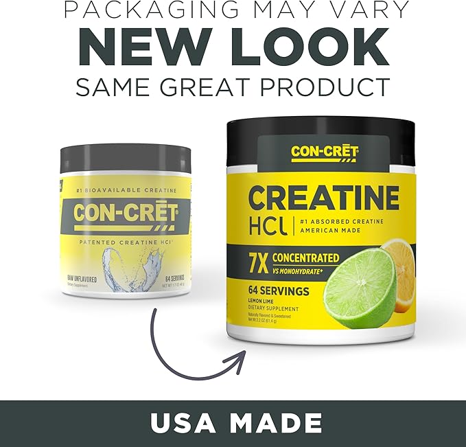 CON-CRET Creatine HCl Powder | Muscle, Cognitive, Cellular Energy Support | No Bloating or Cramps | USA Made & NSF Certified | Lemon Lime (64 Serving)