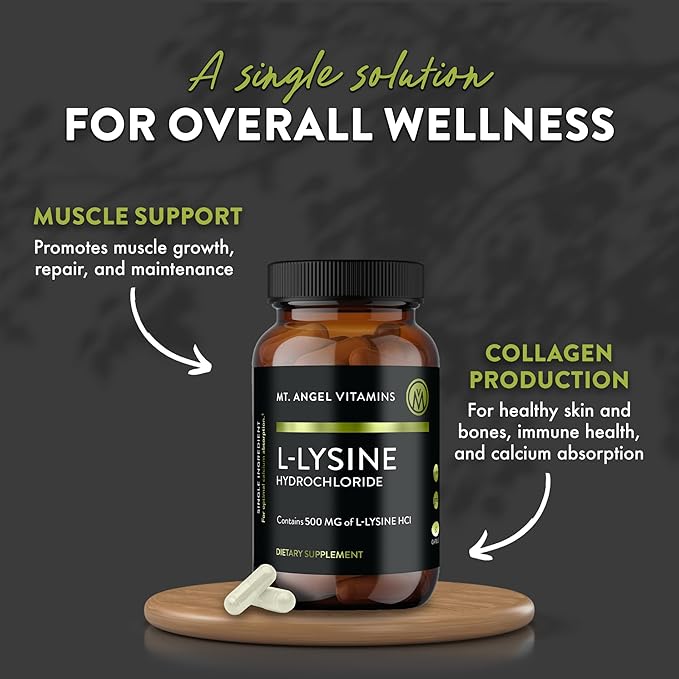 Mt. Angel Vitamins - Premium L-Lysine 500mg Capsules – Vegan-Friendly Essential Amino Acid – Supports Immune System & Collagen Formation – Non-GMO – 60 Capsules