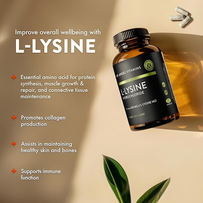 Mt. Angel Vitamins - Premium L-Lysine 500mg Capsules – Vegan-Friendly Essential Amino Acid – Supports Immune System & Collagen Formation – Non-GMO – 60 Capsules