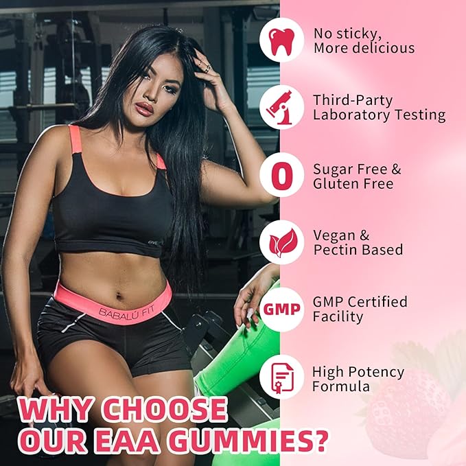 EAA Gummies Essential Amino Acids - All 9 Essential Aminos (EAA) and All Branched-Chain Aminos (BCAAs) for Muscle Recovery, Energy Support, Strawberry Flavor, 60 Count