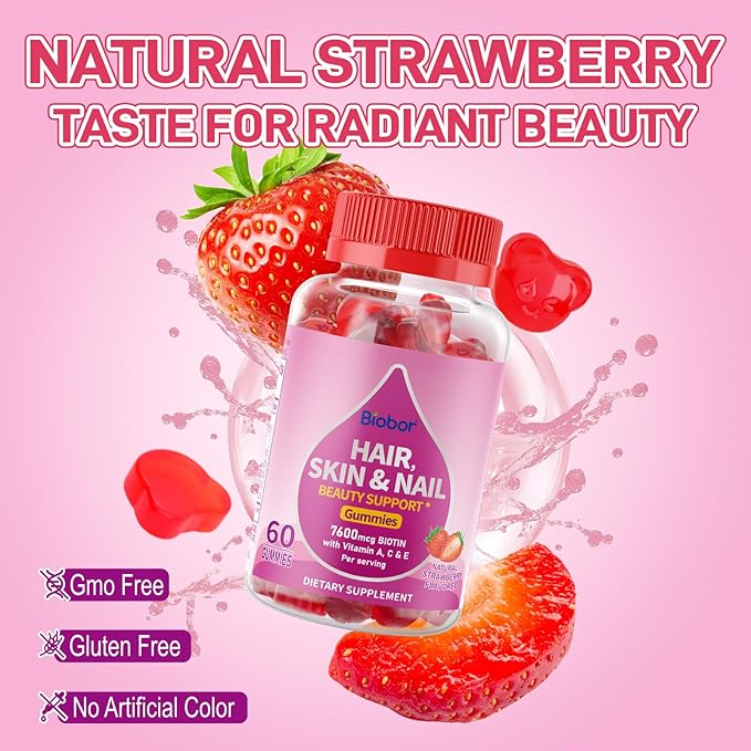 Natural Hair Skin and Nails Vitamins Gummies, 7600mcg Biotin Gummies for Women Men Beauty Support, Non-GMO, Gluten Free (Strawberry Flavor, 60 Count)