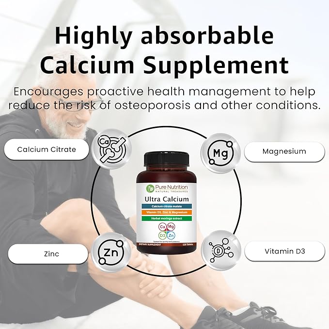 Pure Nutrition Ultra Calcium 1000mg with VIT D3 + K2 | 240 Tabs (120 X Pack of 2) | Highly absorbable Calcium Supplement with Calcium Citrate Malate, VIT D3, K2, Moringa Oleifera, Magnesium and Zinc.