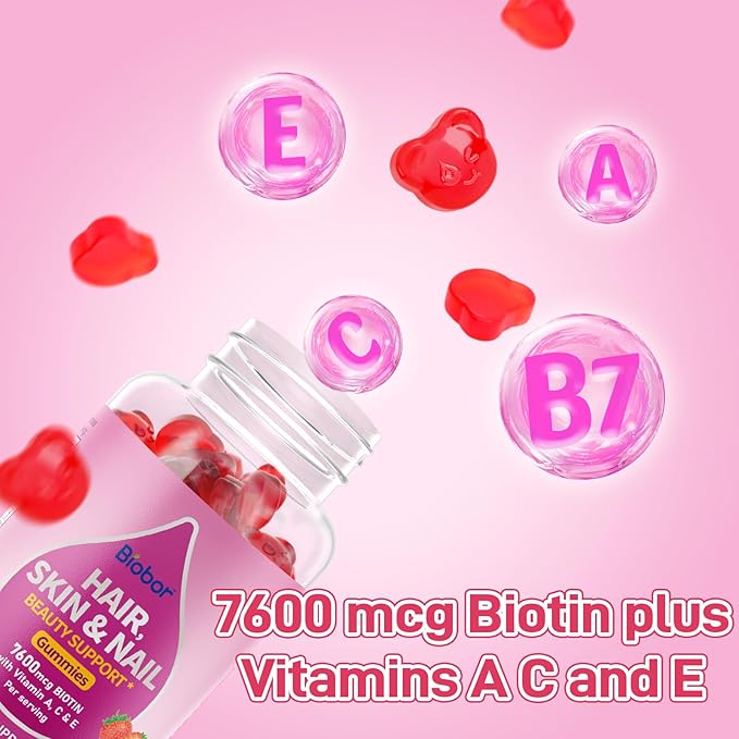 Natural Hair Skin and Nails Vitamins Gummies, 7600mcg Biotin Gummies for Women Men Beauty Support, Non-GMO, Gluten Free (Strawberry Flavor, 60 Count)