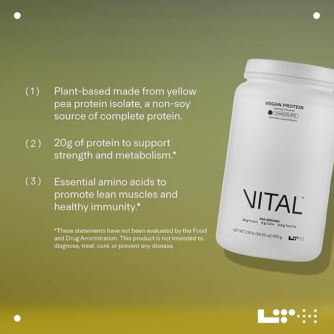 VITAL Vegan Protein - Trusted by Life Time fitness Members - Plant-Based Protein Powder - Made from Pea Protein - Supports a Healthy Immune System - Gluten Free & Soy Free - Chocolate, 30 Servings